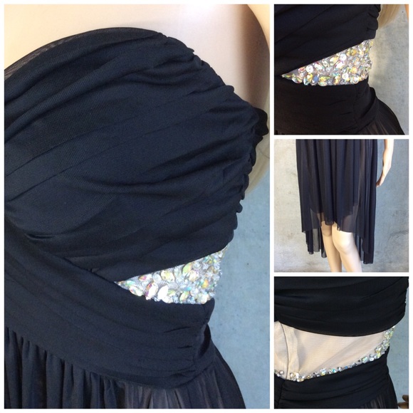 🌺 STRAPLESS DRESS HILO SHEER BLING PADDED MIDI HEART TOP HIGH LOW PETITE SMALL - Picture 9 of 16